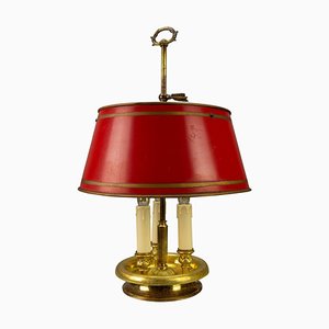 French Brass and Red Tole Shade Three-Light Bouillotte Desk Lamp, 1950s-KEG-1671413