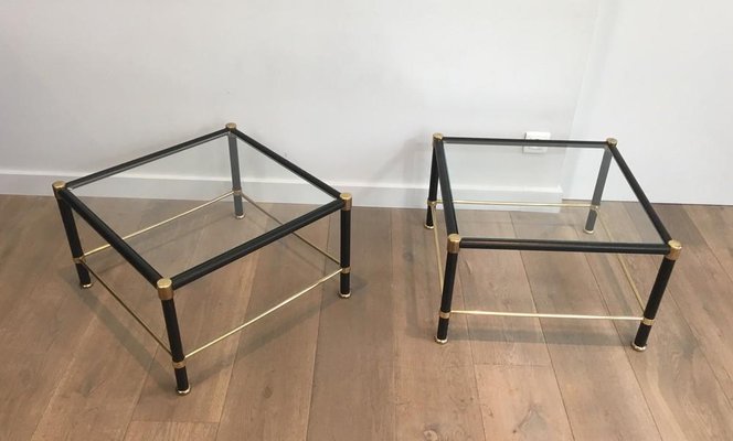 French Brass & Black Lacquered Square Side Tables in the Style of Jacques Adnet, 1970s, Set of 2-BA-658666