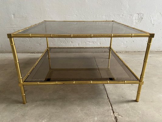 French Brass, Faux Bamboo & Smoked Glass Coffee Table, 1960s-DHH-585020