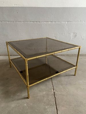 French Brass, Faux Bamboo & Smoked Glass Coffee Table, 1960s-DHH-585020