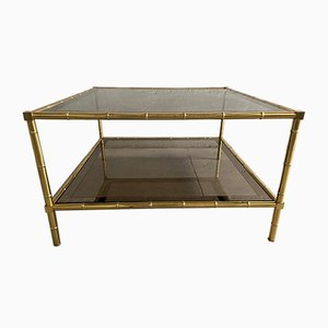 French Brass, Faux Bamboo & Smoked Glass Coffee Table, 1960s-DHH-585020