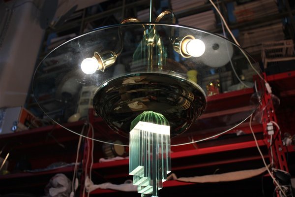 French Brass & Glass Ceiling Lamp by Jean Perzel, 1940s-EH-883149