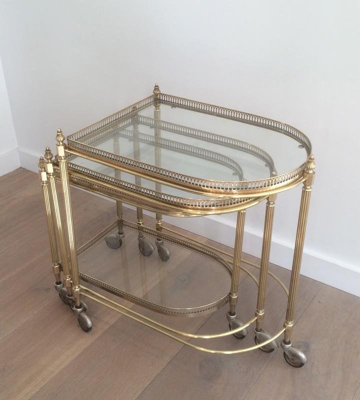 French Brass Nesting Drinks Trolleys with Removable Trays by Maison Bagués, 1940s, Set of 3