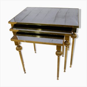 French Brass Nesting Tables with Mirrored Tops, 1950s, Set of 3-BHG-1048618