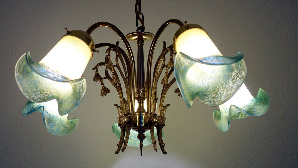 French Brass Pate De Verre Hanging Lamp, 1950s