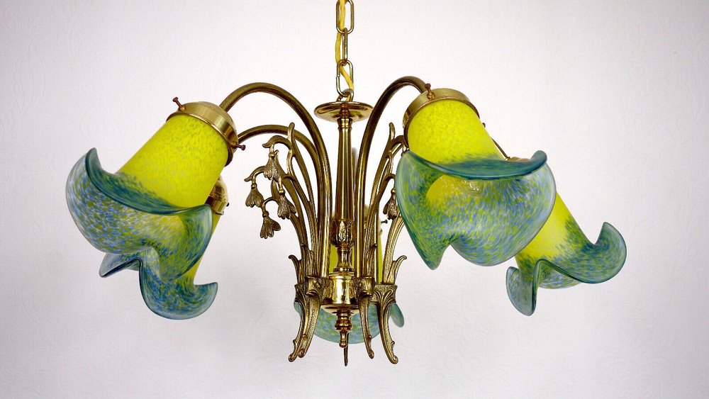 French Brass Pate De Verre Hanging Lamp, 1950s