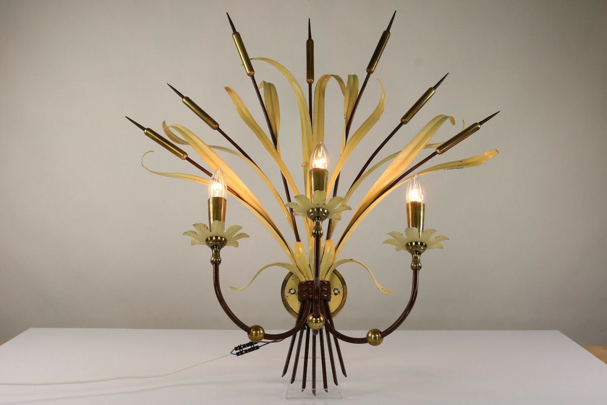 French Brass & Steel Bulrush Wall Sconce from Maison Baguès, 1950s-FUP-902368