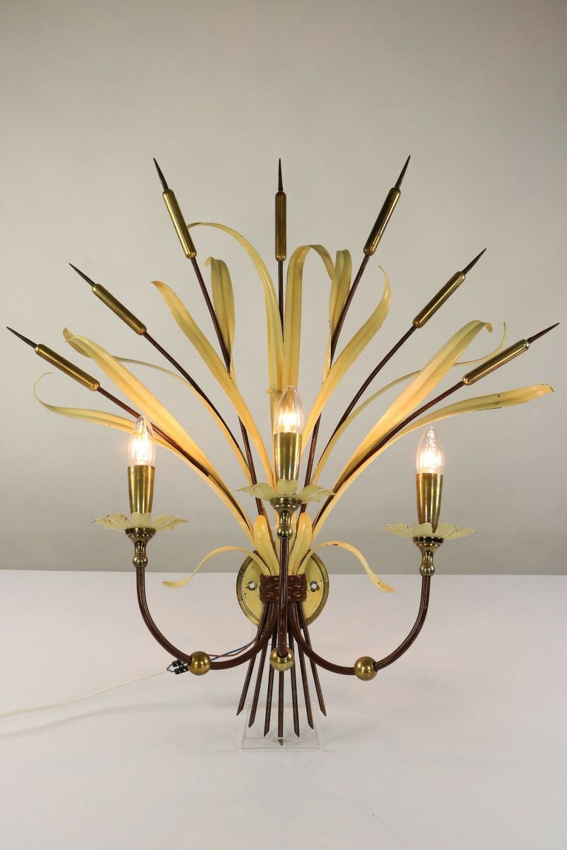 French Brass & Steel Bulrush Wall Sconce from Maison Baguès, 1950s-FUP-902368