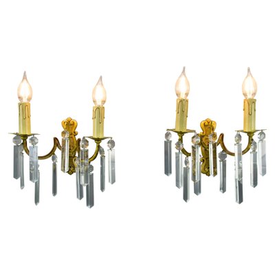 French Bronze and Crystal Twin Arm Wall Sconces, Set of 2-KEG-1086595