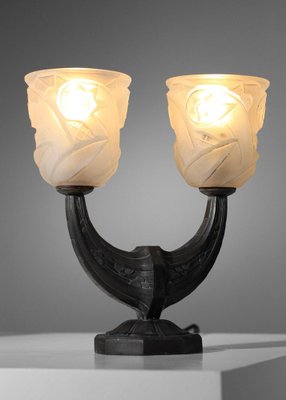 French Bronze Bedside Table Lamps with Brown Patina, 1930, Set of 2-YU-1808236