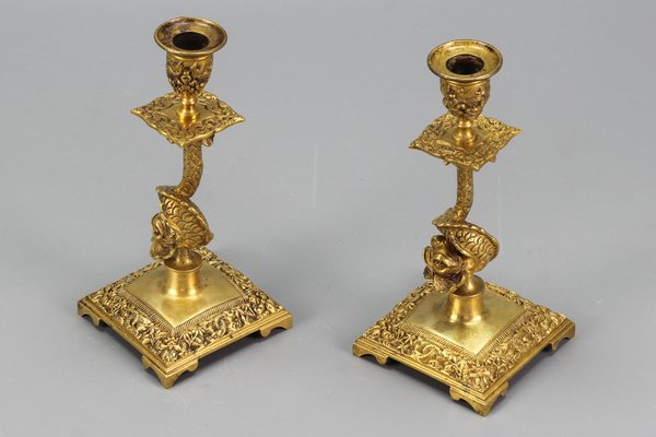 French Bronze Candlesticks with Dolphin Figures, Set of 2-KEG-1321667