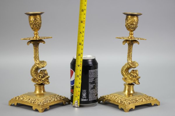 French Bronze Candlesticks with Dolphin Figures, Set of 2-KEG-1321667