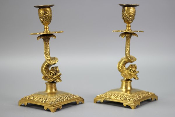 French Bronze Candlesticks with Dolphin Figures, Set of 2-KEG-1321667