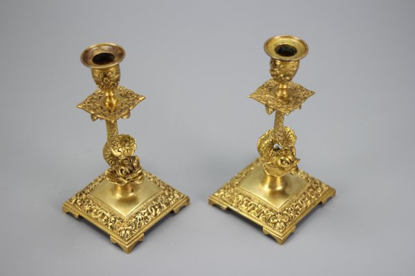 French Bronze Candlesticks with Dolphin Figures, Set of 2-KEG-1321667