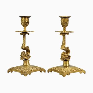 French Bronze Candlesticks with Dolphin Figures, Set of 2-KEG-1321667