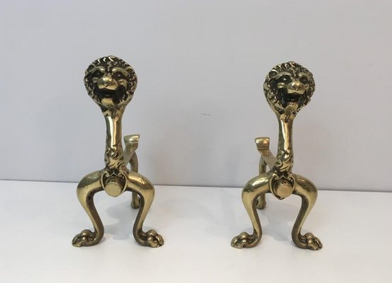 French Bronze Lion Andirons, 1900s, Set of 2-BA-658279