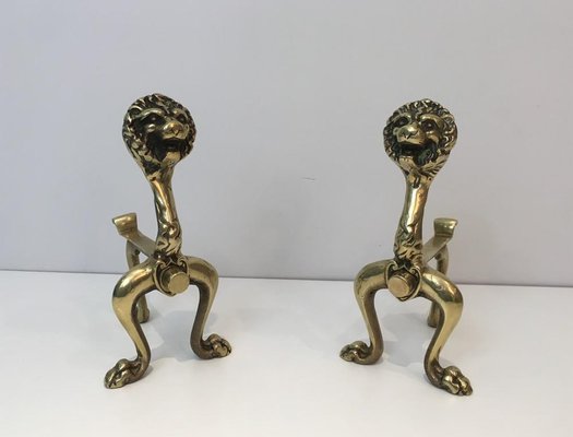 French Bronze Lion Andirons, 1900s, Set of 2-BA-658279