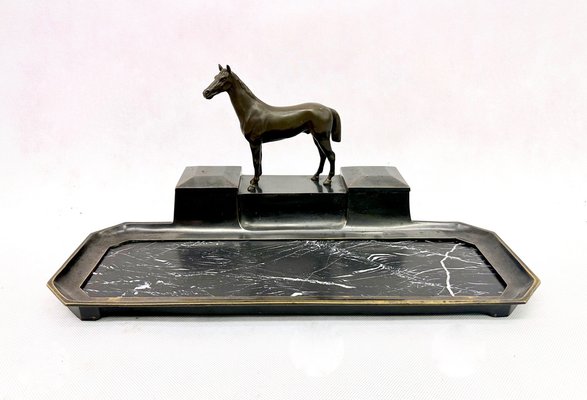 French Bronze & Marble Horse Desk Set with Inkwells, 1900s-ZCY-1737435