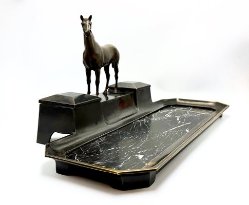 French Bronze & Marble Horse Desk Set with Inkwells, 1900s-ZCY-1737435