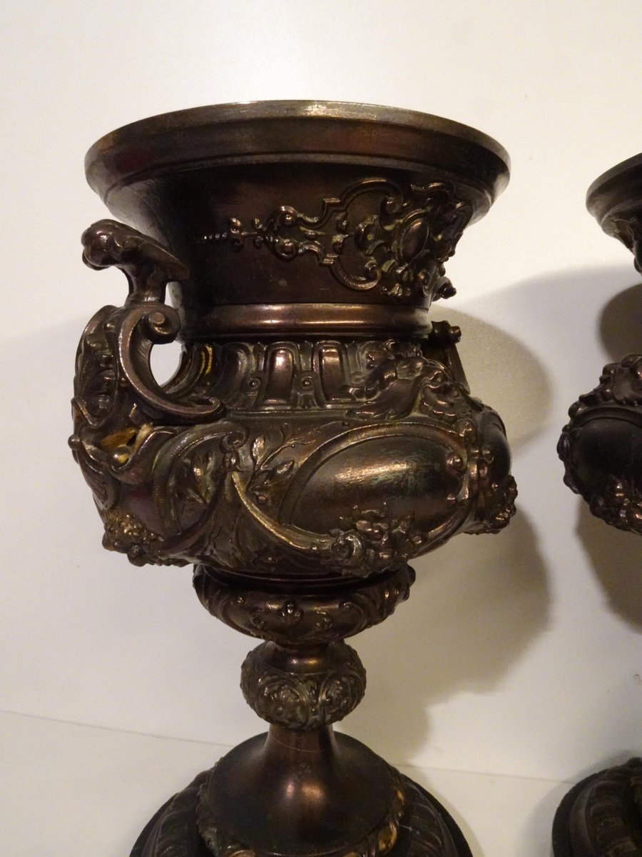 French Bronze & Patinated Cast Iron Medici Vases on Marble Bases, 19th Century, Set of 2