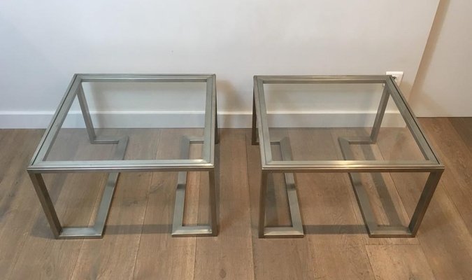 French Brushed Steel Side Tables, 1970s, Set of 2-BA-658281