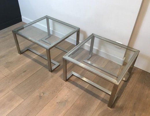 French Brushed Steel Side Tables, 1970s, Set of 2-BA-658281