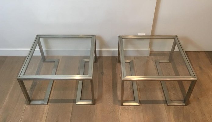 French Brushed Steel Side Tables, 1970s, Set of 2-BA-658281