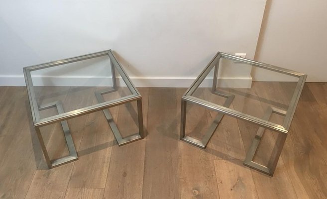 French Brushed Steel Side Tables, 1970s, Set of 2-BA-658281