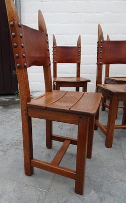 French Brutalist Oak and Leather Horn Form Chairs, 1970s, Set of 6-AWL-1702301