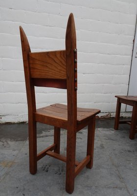 French Brutalist Oak and Leather Horn Form Chairs, 1970s, Set of 6-AWL-1702301