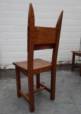 French Brutalist Oak and Leather Horn Form Chairs, 1970s, Set of 6-AWL-1702301