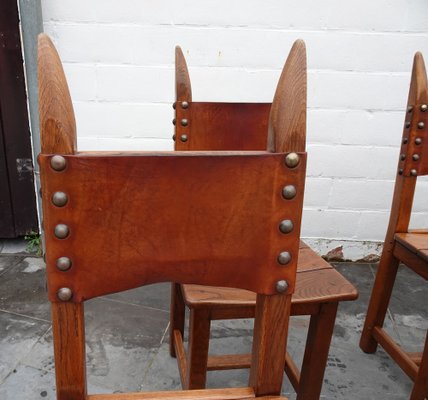 French Brutalist Oak and Leather Horn Form Chairs, 1970s, Set of 6-AWL-1702301