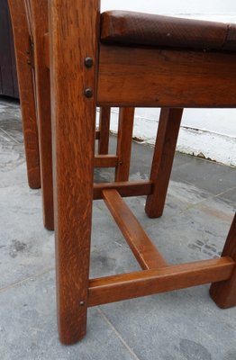 French Brutalist Oak and Leather Horn Form Chairs, 1970s, Set of 6-AWL-1702301