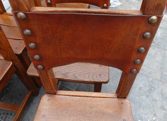 French Brutalist Oak and Leather Horn Form Chairs, 1970s, Set of 6-AWL-1702301