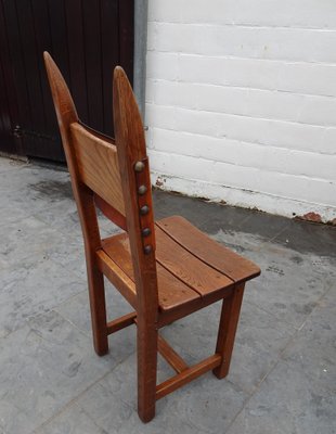 French Brutalist Oak and Leather Horn Form Chairs, 1970s, Set of 6-AWL-1702301