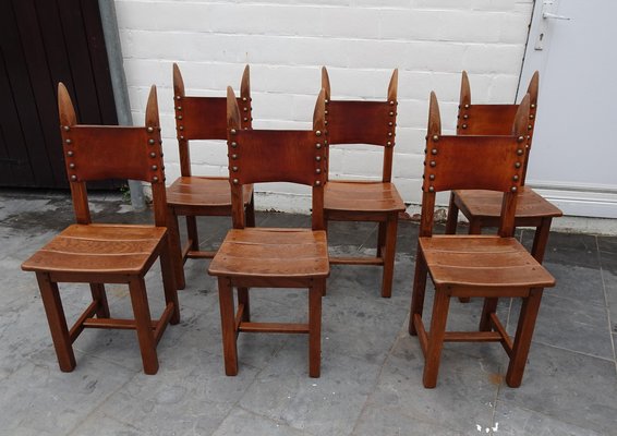 French Brutalist Oak and Leather Horn Form Chairs, 1970s, Set of 6-AWL-1702301