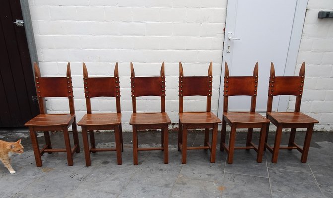 French Brutalist Oak and Leather Horn Form Chairs, 1970s, Set of 6-AWL-1702301