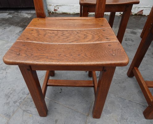 French Brutalist Oak and Leather Horn Form Chairs, 1970s, Set of 6-AWL-1702301