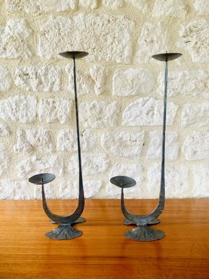 French Brutalist Style Two-Arm Iron Candlesticks, Set of 2-OJT-1801377