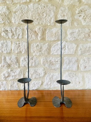 French Brutalist Style Two-Arm Iron Candlesticks, Set of 2-OJT-1801377