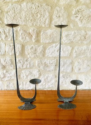 French Brutalist Style Two-Arm Iron Candlesticks, Set of 2-OJT-1801377