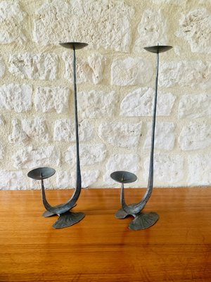 French Brutalist Style Two-Arm Iron Candlesticks, Set of 2-OJT-1801377