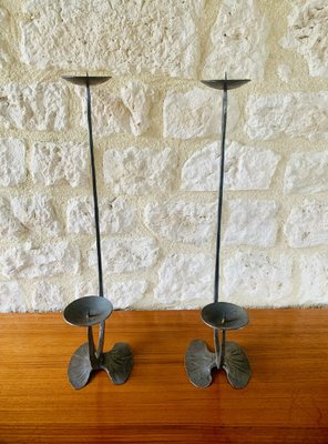 French Brutalist Style Two-Arm Iron Candlesticks, Set of 2-OJT-1801377