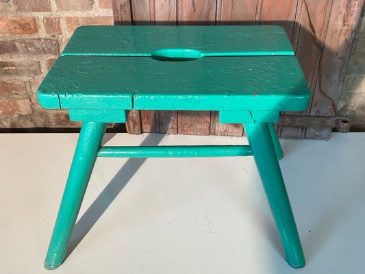 French Brutalist Wooden Stool in Green Paint, 1950s-WZZ-1442270