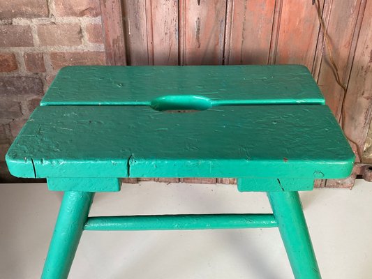 French Brutalist Wooden Stool in Green Paint, 1950s-WZZ-1442270