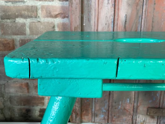 French Brutalist Wooden Stool in Green Paint, 1950s-WZZ-1442270