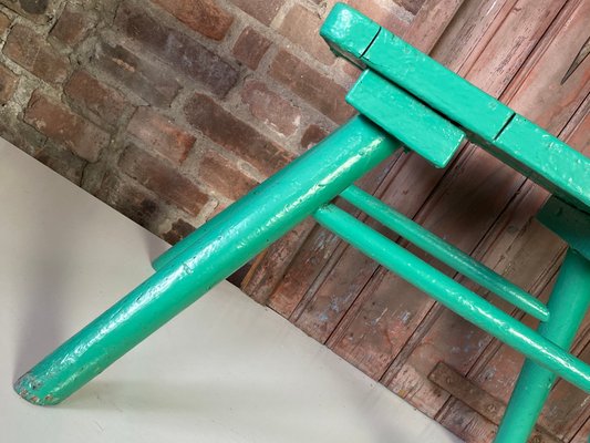 French Brutalist Wooden Stool in Green Paint, 1950s-WZZ-1442270