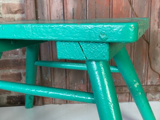 French Brutalist Wooden Stool in Green Paint, 1950s-WZZ-1442270