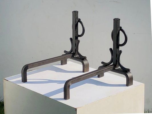 French Brutalist Wrought Iron Andirons, 1960, Set of 2-NLF-2020236