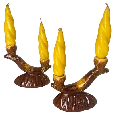 French Candleholder Ceramic with Yellow Candles, France, 1970s, Set of 4-UR-1724387